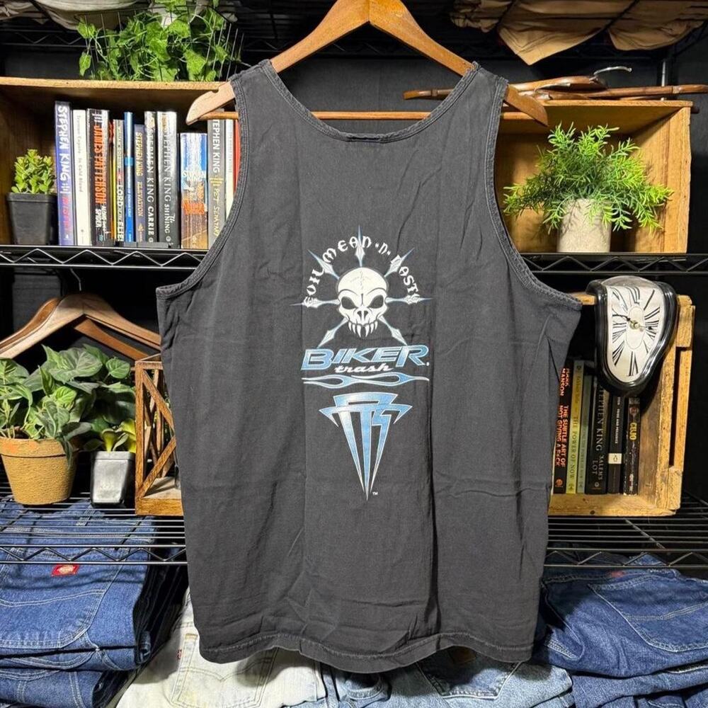 Vintage Y2K Grunge Skull Biker Tank Top Faded Black Tee Shirt Mens XL
